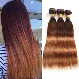 Färgad Brzailian Ombre Hair Extension Två ton 4/30 # Straight Brown Human Hair Weave 3 buntar Partihandel Brasilianska Blondiner Hår