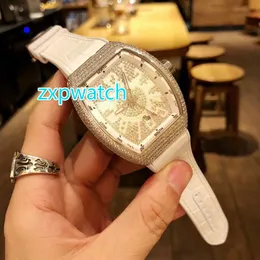 44MM cheio de diamantes relógio mecânico automático de aço inoxidável shell prata pulseira de borracha branca Moda relógios de diamantes de luxo