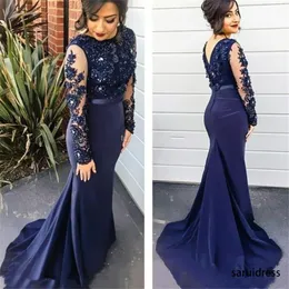 Navy Blue Illusion Long Sleeves Beads Prom Dresses Elegant Sweep Train Party Gowns Lace Appliques Mermaid Evening Dresses