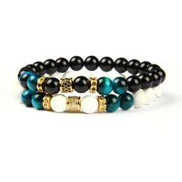 Nya Micro Pave Cylindrar Beaded Men Armband Partihandel 10st / Lot med Naturlig Tiger Eye Stone Pärlor Smycken för present