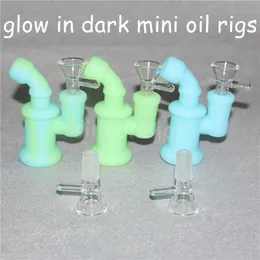 Glow Silicone Mini Dab Rig Hookah Portable Recycler Bong Glass Oil Rigs Bubbler 14,4 mm Bent Neck Nectar Obrytbara vattenr￶r