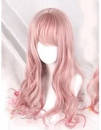 Perruque longue ondulée rose dégradé avec frange 65cm, fantaisie cosplay fashion