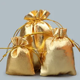 Guldfärg Smycken Halsband Hängsmycke Armband Pouches Presentförpackning Visa lagring Drawstry Väskor till julbröllopsfest