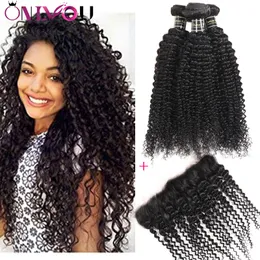 Malezja Kinky Curly Deep Fave Fave Prosty Virgin Hair 3/4 wiązki z ucha do ucha Brazylijskie ludzkie włosy z zamknięciem