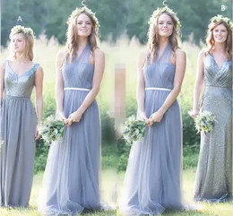 Halter Tulle Floor Length Bridesmaid Dresses Pleated Sequins Gray Wedding Party Dress V Neck Chiffon Long Bridesmaid Gowns