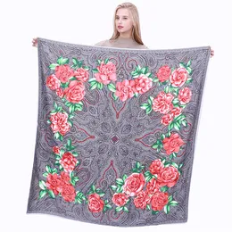 130 130cm Euro Retro Cashew Blume Druck 100% Seide Schal Frauen Bandana Luxus Halstuch Weibliche Hijab Platz Schals Seide Foul266J