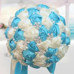 Yapay Düğün Buketleri El Yapımı Şerit Kraliyet Mavi Güller Çiçekler Inciler Kristal Rhinestone Gelin Düğün Buket Düğün Aksesuarları