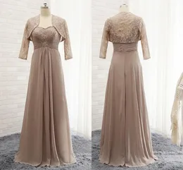 Elegant Cheap Mother of the Bride Groom Dresses Plus size Two Piece With Jackets Lace Chiffon Empire Beaded Evening Formal Gowns 2022