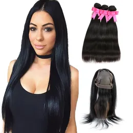 360 Lace Frontal med buntar Brasilianska Straight Virgin Hair Weave 3 buntar med 360 Naturlig hårlinje Spets Front med baby hår