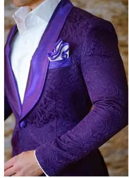 New Fashion Purple Paisley Groom Tuxedos Shawl Lapel Man Prom Blazer Coat Wedding Business Suits (Jacket+Pants+Bow Tie) H:873