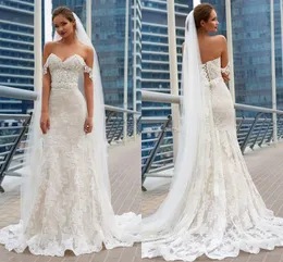 Modest Lace Mermaid Wedding Dresses Off Shoulder Applique Beach Beho Sweetheart Sashes Pearls Corset Plus Size Bridal Gowns Custom Made