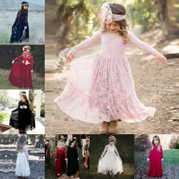 Lace Flower Girls Dresses 2018 Långärmad Golvlängd Blush Burgundy Black Navy Blue First Communion Dress For Little Girl Bow A Line