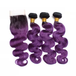 Lila Ombre Human Hair Weave Bundlar med Top Closure Body Wave Black and Purple Ombre Virgin Hair Extensions med 4x4 spetsslutning