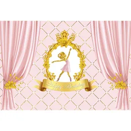 Happy Birthday Backdrop Customized Printed Pink Curtains Gold Flowers Newborn Baby Shower Props Kids Girl Photo Booth Background