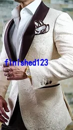 New Arrivals One Button Ivory Paisley Groom Tuxedos Shawl Lapel Groomsmen Best Man Blazer Mens Wedding Suits (Jacket+Pants+Tie) D:101