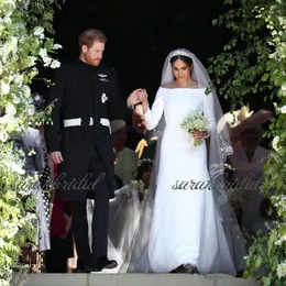 Novo príncipe HarryMeghan Markle Britânico Royal vestidos de festa de Casamento com bateau Neck 5 M Véus de Manga Longa tribunal trem custom made vestido de