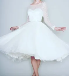 Abito da sposa corto a maniche lunghe degli anni '50 Donne da sposa abiti da sposa Lunghezza del tè Abito da sposa tratteggiato da sposa nuovo su misura