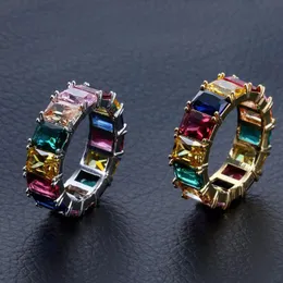 Män 18k gult guldpläterat en rad färgglad CZ 360 Eternity Band bling ringar kubiska zirkoniummikroposla diamanter Hip Hop Ring med presentförpackning