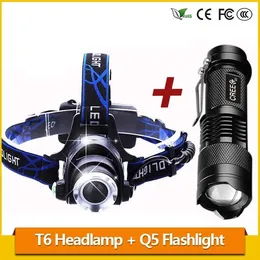Zoom 3800LM T6 LED Headlamp Headlight Rechargeable 18650 Battery Head Lamp + Q5 Mini LED Flashlight Zoomable Tactical Torch