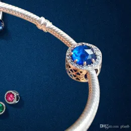 925 Sterling Silver Heart Blue Crystal Clear CZ Charms European Pärlor med Original Box Fit Pandora Chain Snake Armband Charms Smycken DIY