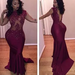 Burgundy Sexy Long Aftonklänningar 2018 Vestido de Noche Skräddarsydda Prom Klänningar Lace Appliques Beaded Backless Mermaid Prom Dress