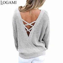 LOGAMI V Neck Backless Long Sleeve Women Sweaters And Pullovers Knitted Christmas Sweater Pullover Fall 2017 Fashion S18100902