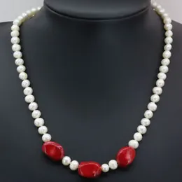 New handmade 7-8mm white natural fresh water cultured pearl fine red coral necklace 45cm fashion jewelry