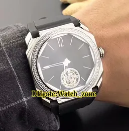 42mmオクトーフィニッシモ102401ブラックダイヤルトゥールビヨン自動メンズウォッチシルバーケースダイヤモンドベゼルレザーストラップ安い新しい高品質の時計