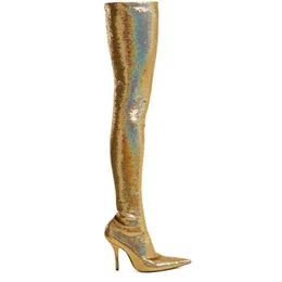 US4-11 Womens Womens Toe Stilettos High Heel Sobre Joelho Coxa Alta Botas Slim Sexy Stretch Lantejoulas Bling Gold Sliver Brilhante Sapatos