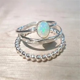 3 SZTUK Solidne Sterling Silver Natural Gemstone Fire Opal Diamond Ring Set Biżuteria zaręczynowa ślubna