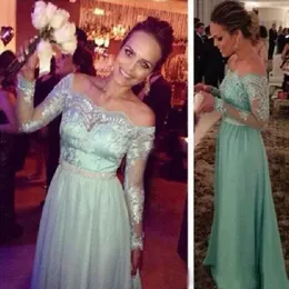 Mint Green Party Guest Formal Evening Dresses Off Axel Lång Långärmad Beaded Golvlängd Chiffon Billiga Prom Bridesmaid Dresses