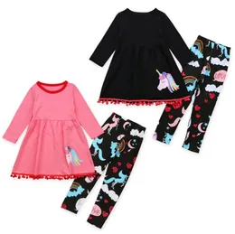 2018 fall baby girl clothes kids boutique clothing sets girls tassel dresses long sleeve top unicorn pants rainbow legging childrens outfits