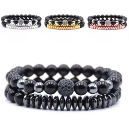 2pcs / set 8mm pärlor Natursten Bracelet Bästa present Micro Inlagda Zircon Handgjorda Matte Hematite Armband Charms Bangle Unisex Smycken