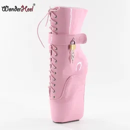 Wonderheel new 18cm wedges heel patent leather lace up locked padlocks ankle ballet boots sexy fetish women hot ballet boots