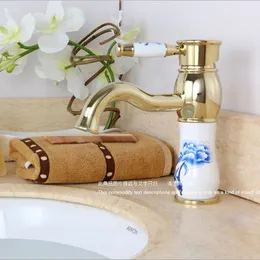 Gold Faucet New Fashion Brass Łazienka Bateria Basin Pojedynczy uchwyt z Ceramic Ciała i uchwyt Mikser Torneira Banheiro Q-14