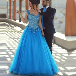 Aquablaues arabisches Ballkleid, luxuriöse Kristalle, Perlenoberteil, Träger, Reißverschluss, Tüll, Abendparty-Kleider, formelles Kleid auf Bestellung