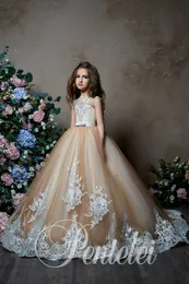 Pentelei 2019 Champagne Flower Girl Dresses per matrimoni gioiello collo pizzo piccoli bambini abiti da bambino prima comunione vestito da ragazze abiti da pagaia