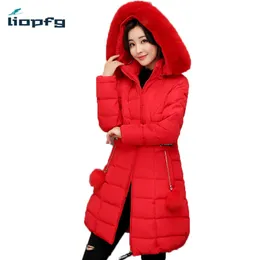 Duży rozmiar zimowej odzieży damskiej płaszcz bawełniany, 2017 Nowy średnia długie kołnierz i wysokiej jakości tkanina Red Coat Parka WM533