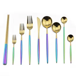 Jankng Gold Rainbow Flatware Set Stainles Steel Dernersware Set Blazing Colorful Tableware Western Cutleryセット