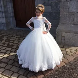 Stylish White Ball Gown Flower Girls Dress for Wedding Party High Neck Full Sleeve Appliques Kid Holy Communion Gown Tulle Baptism315E