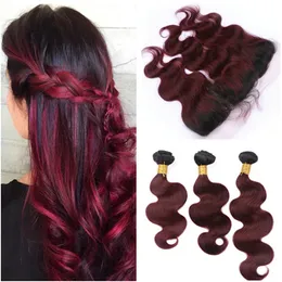 Peruvian Wine Red Ombre Human Hair Bundles with Full Frontals Body Wave #1B/99J Burgundy Ombre Lace Frontal Closure 13x4 with Weaves