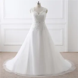 Vestidos de casamento elegante Plus Size marfim Sweep trem vestidos de noiva com decote em V Sheer com apliques florais Vestidos de casamento Peplum Zipper com botão