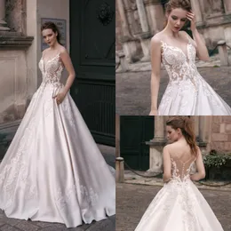 Milva Bridal 2018 Satin Bröllopsklänning Lace Appliqued Backless Wedding Dresses Ball Gowns Robe de Mariée