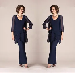 Chiffon Mother Of The Bride Suits Pants Jacket Long Sleeves Three Pieces Plus Size Layered Ruffles Floor Length Mothers Suits in Navy BA9406