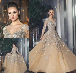 2019 Sheer Neck Champagne Suknia Wieczorowa Aplikacje Tulle Długie Rękawy Formalne Wakacje Wear Prom Party Suknia Custom Made Plus Size