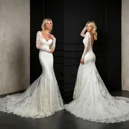 Bridal Bien Disvvy Suknie Sukienka syrenka Pełna koronkowa aplikacja Backless Backless Beach Długie rękawy Suknie ślubne Vestido de novia es