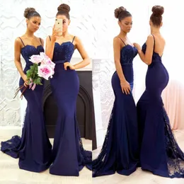 Navy Blue Mermaid Country Bridesmaids Dresses Spaghetti Straps Backless Wedding Guest Dress Beaded Lace Appliqued Cheap Maid Of Honor Gowns
