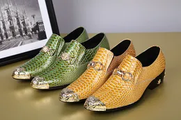 Mens Pointed Brand New Style Italian Toe Flats Dress Metallic Patent Leather Wedding Shoes Yellow Green 2 Colors 693