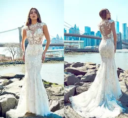 2019 Mermaid Wedding Dresses Jewel Neck Lace Illusion Appliques Sweep Train Illusion Sexy Boho Country Wedding Dress Cap Sleeve Beach Bridal