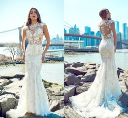 2019 Abiti da sposa a sirena Collo gioiello Pizzo Illusion Appliques Sweep Train Illusion Sexy Boho Country Abito da sposa Cap Sleeve Beach Bridal